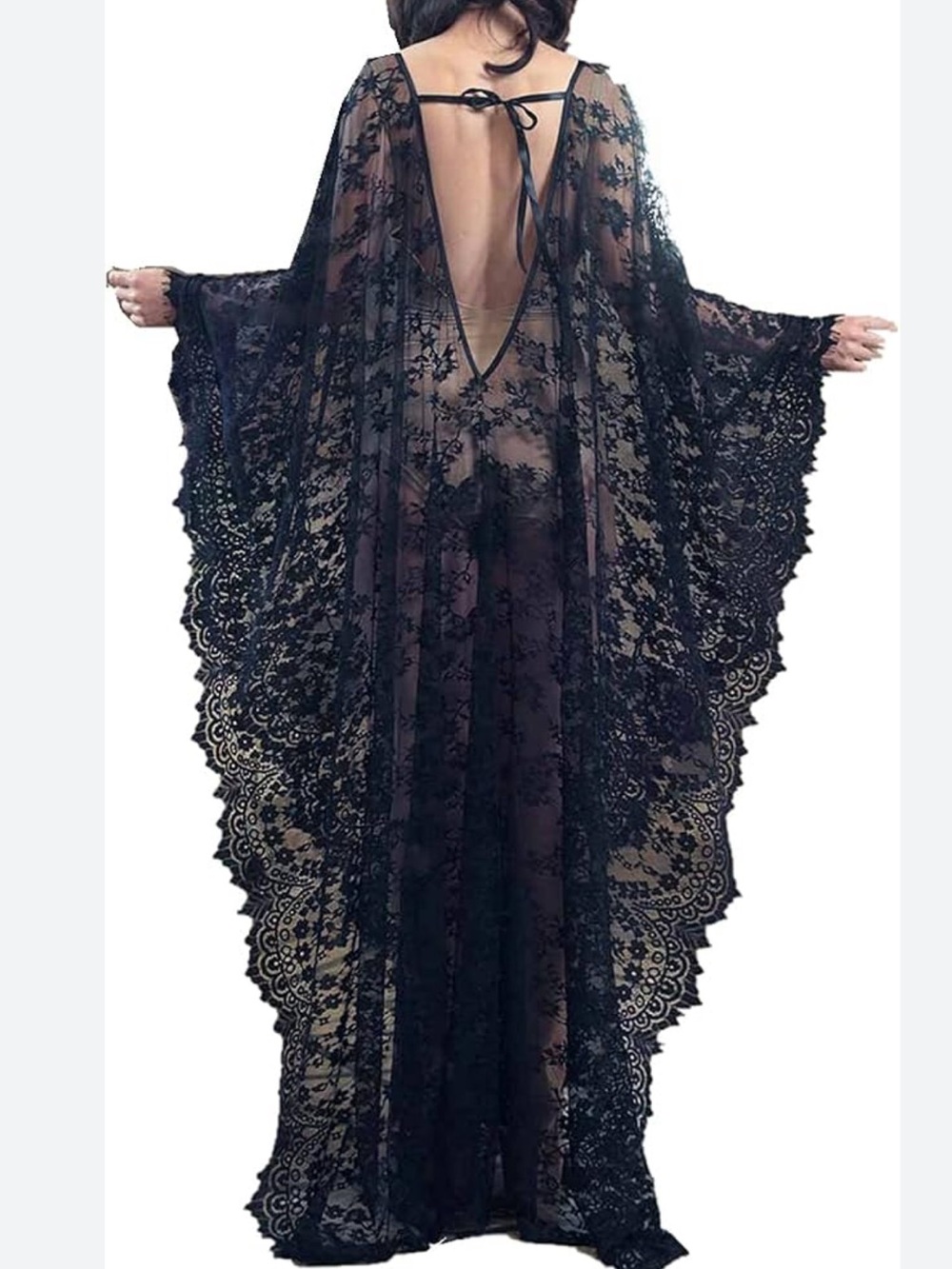Long Lace Batwing See Through Robe - Picture 3 of 10